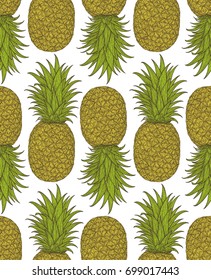 Hand drawn pattern with decorative pineapple. Stylized colorful fruit. Summer spring background, nature collection. Vector illustration