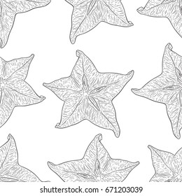 Hand drawn pattern with decorative sliced carambola fruit. Stylized colorful star fruit. Summer spring background, nature collection. Vector illustration