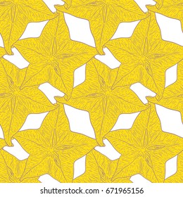 Hand drawn pattern with decorative sliced carambola fruit. Stylized colorful star fruit. Summer spring background, nature collection. Vector illustration