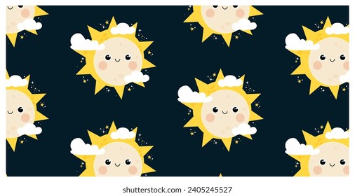 Hand drawn pattern design with cute smiling moon and sun. Seamless vector solar eclipse concept on dark background.