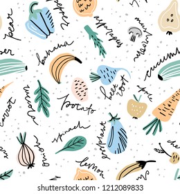 Hand drawn pattern with different fruits and vegetables including made in freestyle vector with hand lettered names. Vector illustration.