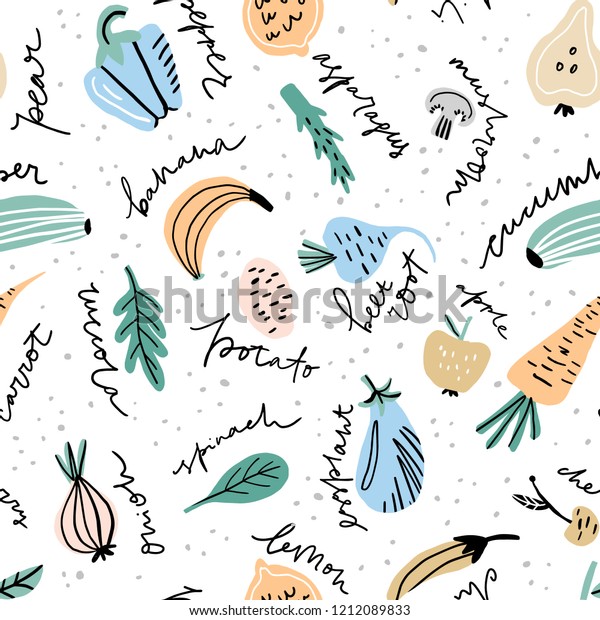 フリースタイルのベクター画像に手書きの名前を付け さまざまな果物や野菜を使った手描きの柄 ベクターイラスト のベクター画像素材 ロイヤリティフリー 1213