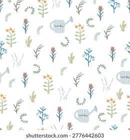 hand drawn pattern with different plants and flowers on white background. Vector sammer illustration.