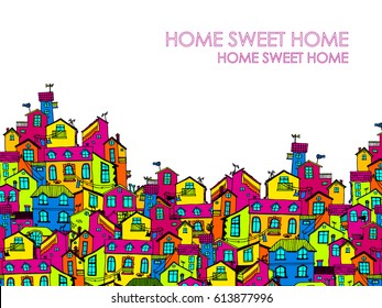 Patrón dibujado a mano con casas de doodle. Casa colorida de caricaturas. Ilustración del vector