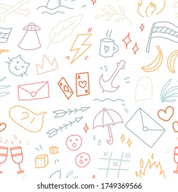 Hand drawn pattern with doodle icons: letter, umbrella, ufo, shark, anchor, fire, arrows, tic tac toe, bones, ghost, cat, banana, lightning, crown, flag, ace, etc.