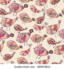 Hand drawn pattern in doodle style with birds. Spring floral background.