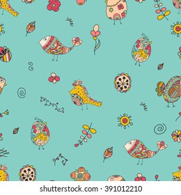 Hand drawn pattern in doodle style with birds. Spring floral background.