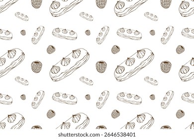 Hand drawn pattern with eclairs and raspberries. For background, packaging, textile.