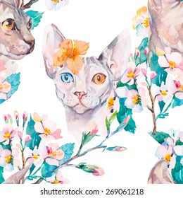 Hand drawn pattern Elegant Sphynx cat and tropical flower. Fashion portrait of cat.Sphinx. Spring pattern.Flowering branches. Watercolor. Vector.