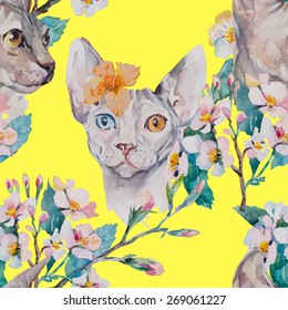 Hand drawn pattern Elegant Sphynx cat and tropical flower. Fashion portrait of cat.Sphinx. Spring pattern.Flowering branches.Yellow background. Watercolor. Vector.