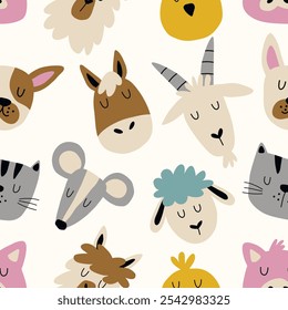 Hand drawn pattern with farm animals. Seamless illustration for greeting cards, fabric and children room decoration. Faces of funny farm animals.