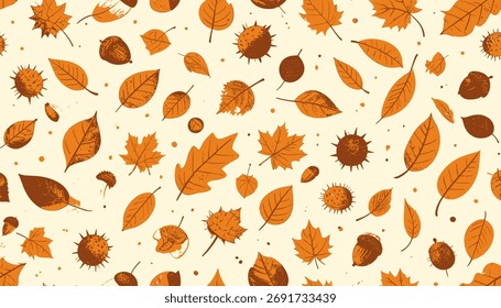 Un patrón dibujado a mano con hojas de otoño y castañas en naranja y marrón sobre un fondo claro.