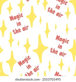 Hand drawn pattern featuring playful lettering of the phrase magic in the air against a bright background vector illustration
