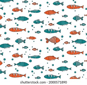 Hand drawn Pattern fidhes, sea, ocean life. Colored doodle vector illustration, cartoon
