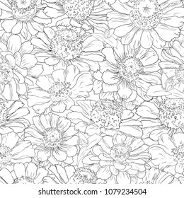 Hand drawn pattern floral background. Flower black line on white. Packaging, fabric, wrapping, prints, cards, wedding