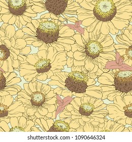 Hand drawn pattern floral background. Flower yellow petals. Packaging, fabric, wrapping, prints, cards, wedding