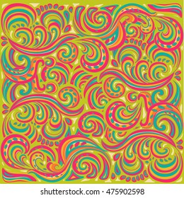Hand drawn pattern with floral elements. Colorful ethnic background.  wallpaper or wrapping design with peacock feathers, branches, leaves, flowers and decorative elements, east