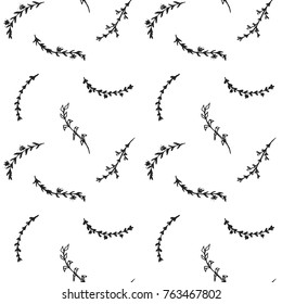 Hand drawn pattern with floral elements. Doodle background with branches, flowers, wreaths, garlands in boho style for use wrapping, cover, textile, background. Vector illustration.