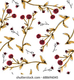 Hand Drawn pattern with flowers and herbs vintage floral elements.