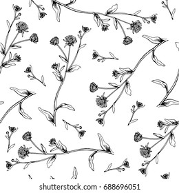 Hand Drawn pattern with flowers and herbs vintage floral elements.