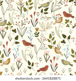Hand drawn pattern  with  flowers, leaves, berries and small cute birds on white. Vector illustration with plants and animals, seamless pattern.
