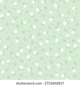 Hand drawn pattern with flowers, and leaves . Seamless pattern with small white  flowers and leaves on mint background.