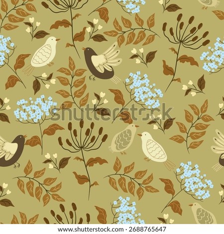 Hand drawn pattern with flowers, leaves and cute birds on olive background. Vector illusatrtion with plants and animals. Seamless pattern.