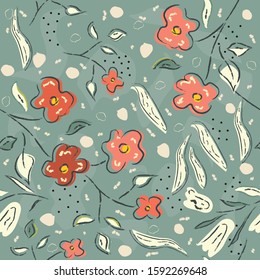 Hand Drawn Pattern with flowers, plants. Vector Illustration