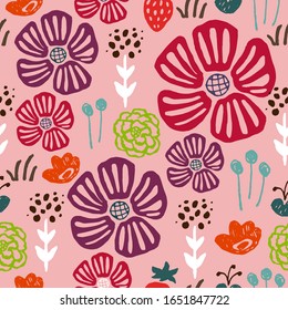 Hand drawn pattern with flowers. For textile,wrapper or fabric. Scandinavian style. Vector illustration