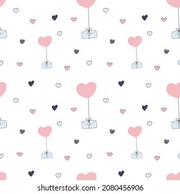 Hand drawn pattern with flying envelopes and different hearts on white background. Happy Valentine’s day design with doodles for wrapping, print. Cute creative vector illustration