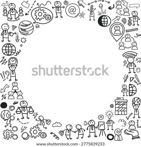 A hand drawn pattern frame of business strategy icons with central copy space for corporate branding text.
