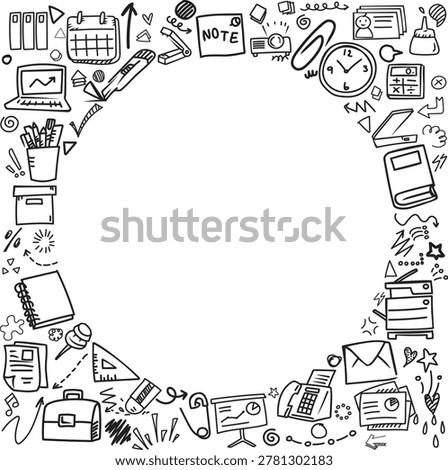 A hand drawn pattern frame of business tools icons with central copy space featuring briefcase and scanner doodles.