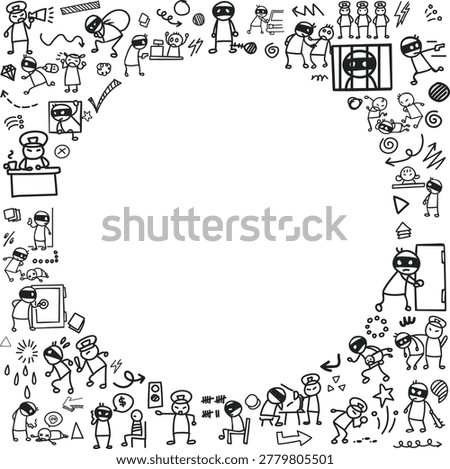 A hand drawn pattern frame of crime icons with central copy space featuring thief robbery and jail symbols.