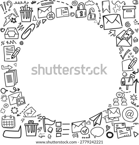 A hand drawn pattern frame of email icons with central copy space featuring mailbox lock and paper symbols.
