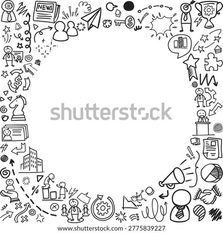 A hand drawn pattern frame of financial and networking icons with central copy space for business messages.