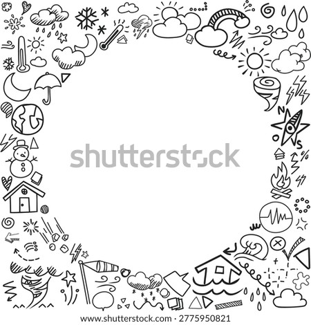 A hand drawn pattern frame of weather and disaster icons with central copy space featuring storms and floods.
