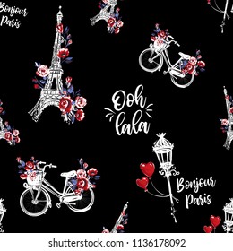 Hand drawn pattern with French symbols and oh dear text in French. Vector watercolor style vintage seamless on black background.