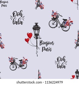 Hand drawn pattern with French symbols and oh dear text in French. Vector watercolor style vintage seamless background.