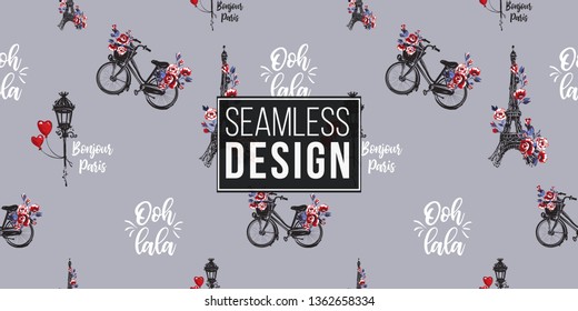 Hand drawn pattern with French symbols and oh dear text in French. Watercolor style vector background.