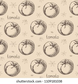 Hand drawn pattern of fresh juicy tomato. Vector colored illustration. Decorative pattern with tomato flowers on background.
