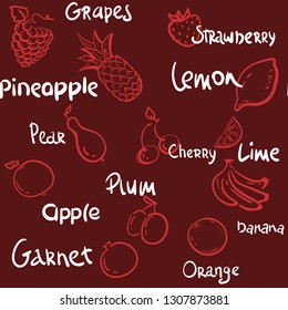 hand drawn pattern fruits. Seamless vector pattern, summer illustration. Isolated.for textile, web design, surface textures. shop, cafe, menu, wrapping paper. Sketch, lettering apple, lemon, orange