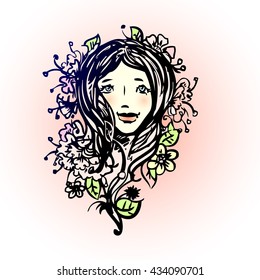 hand drawn pattern with girl in flowers. sketch for tattoo, poster, print, t-shirt, invitation, cards, banners, flyers, calendars. vector eps 10