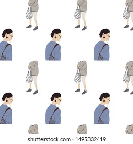 Hand drawn pattern with girls with an eco bag. Female figure in flat style