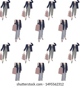 Hand drawn pattern with girls with an eco bag. Female figure in flat style