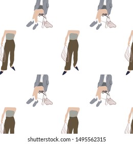 Hand drawn pattern with girls with an eco bag. Female figure in flat style