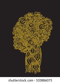 Hand drawn pattern gold glitter. abstract spiral pattern with tree, vector illustration on a black background