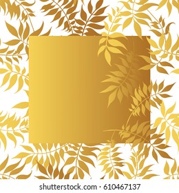 Hand drawn pattern with golden silhouettes of leaves on white background. Abstract floral art, elegant illustration with summer mood for card, paper, fashion textile, linen bedwear