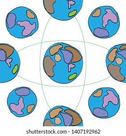 hand drawn pattern graphic vector of colorful earth on white  background, seamless