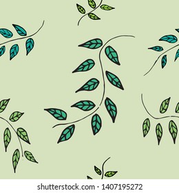 hand drawn pattern graphic vector of   tree leaf on soft green background, seamless