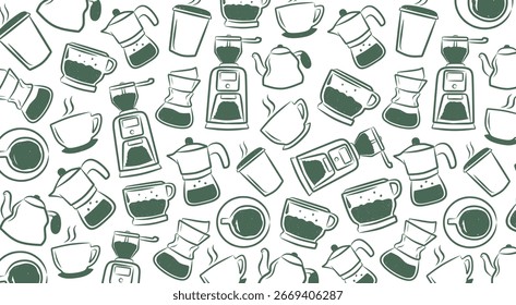 Handgezeichnetes Muster von grüner Skizze Kaffee Ausrüstung und Tassen perfekt für Café Dekoration Verpackung Textil-und Getränke-Design